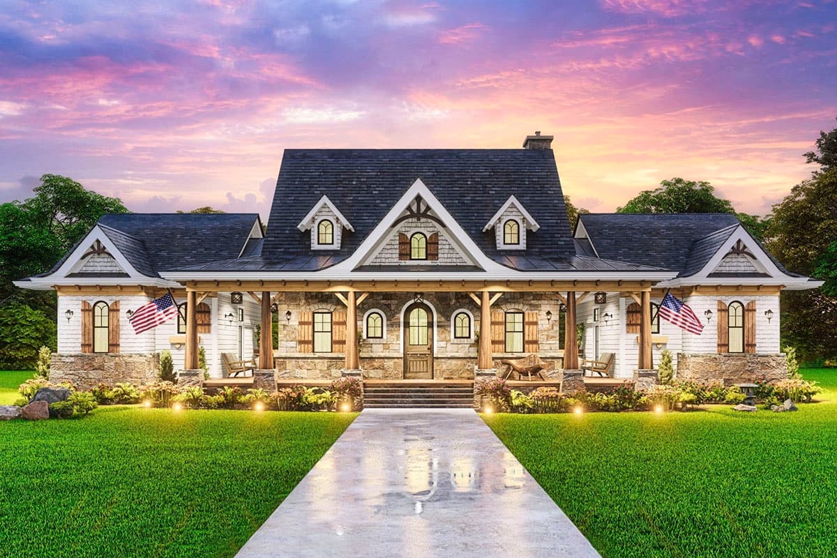 Modern Farmhouse house plan exterior with stone accents, large porch with timber supports, multiple gables, and dormer windows.