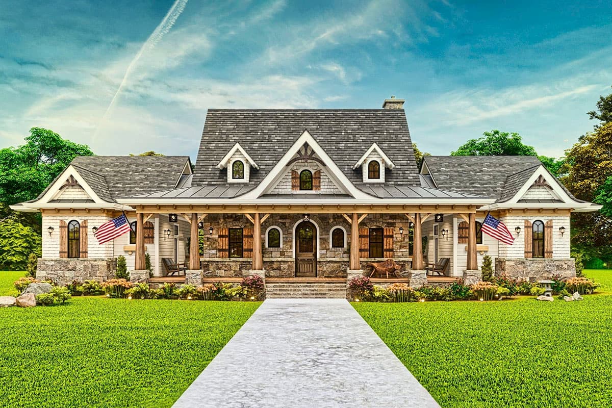 House plan exterior of a two-story Modern Farmhouse with a covered wrap-around porch, stone accents, and multiple gables.