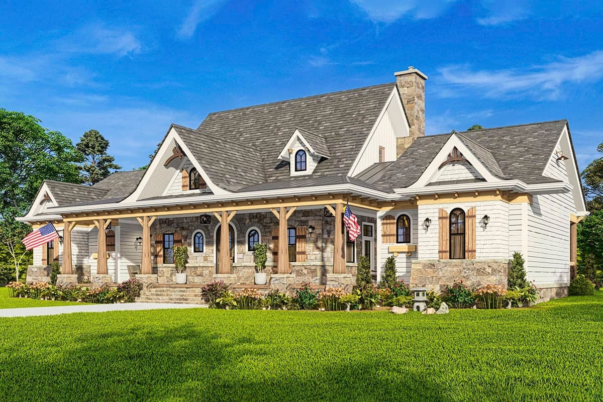 House plan exterior: Rustic style with stone accents, large covered porch with timber posts, multiple gables, and dormers.