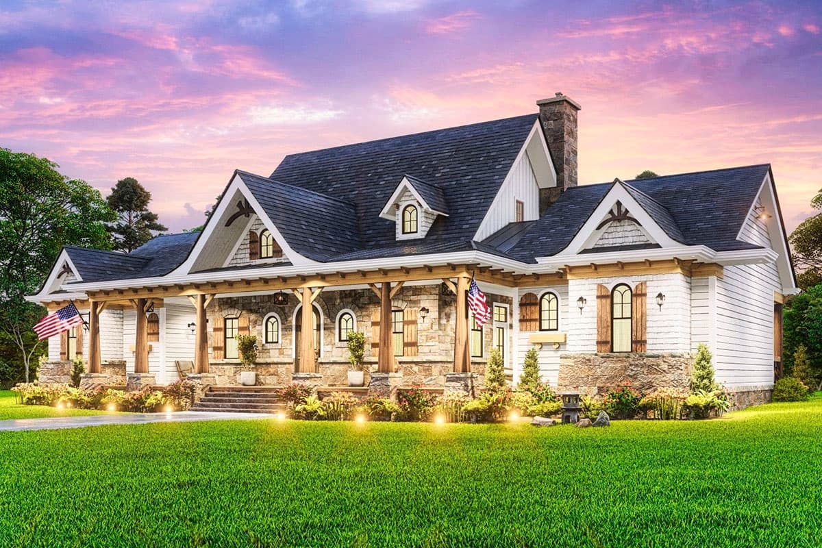 House plan exterior: Craftsman style, one story, with full porch, stone accents, and dormers.