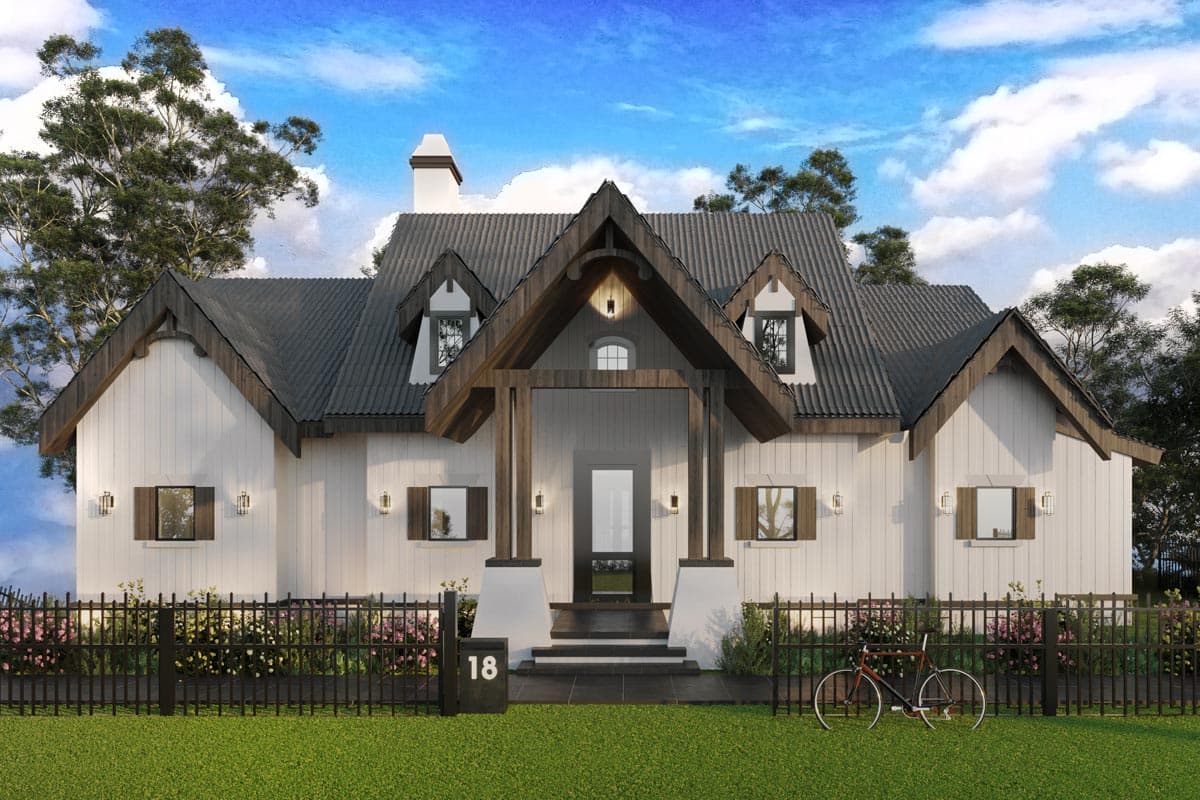 House plan exterior. Two-story Modern Farmhouse with gable roof, dormers, and front porch. Includes board and batten siding and a chimney.