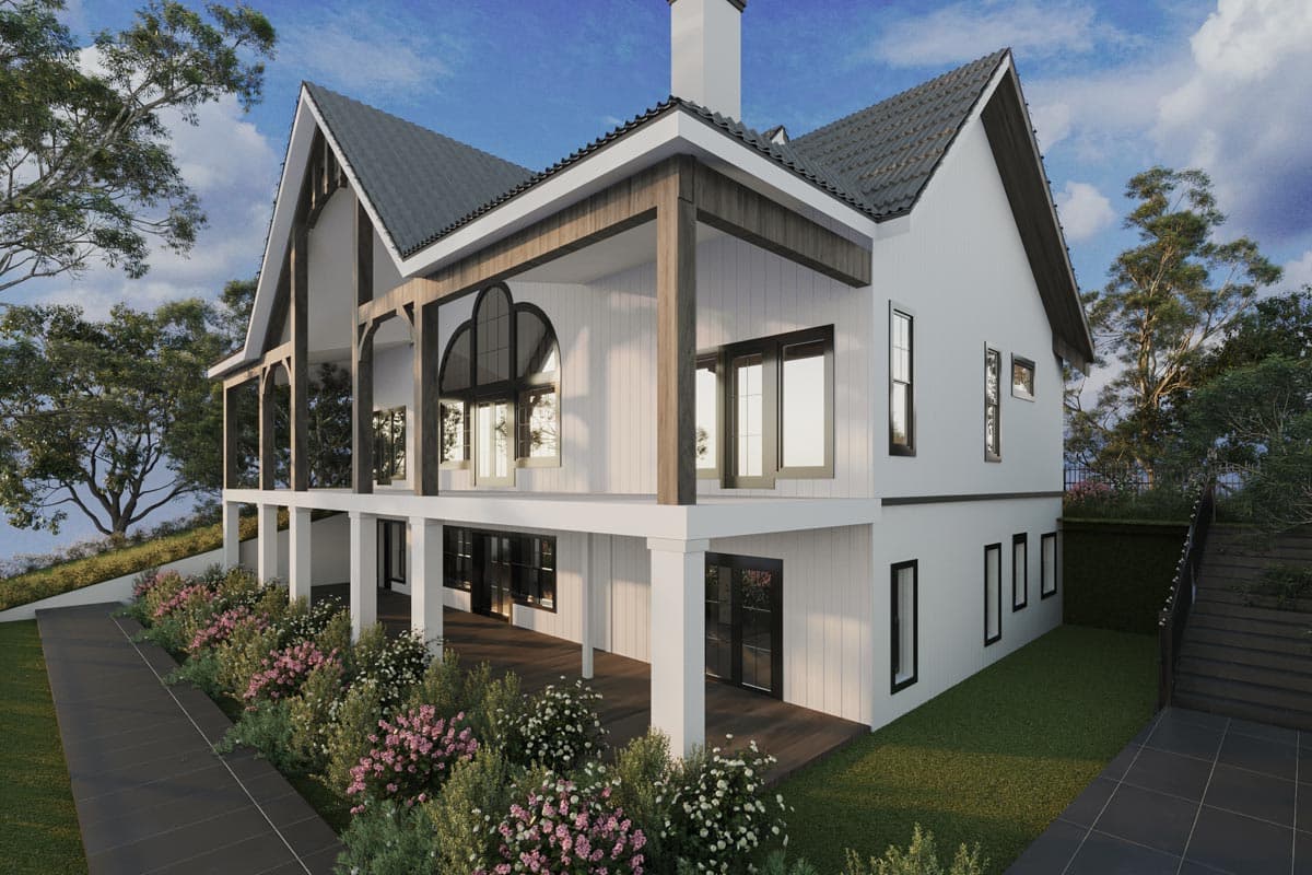 House plan exterior with a modern farmhouse style, two stories, wrap-around porch, gables, and wood beam accents.