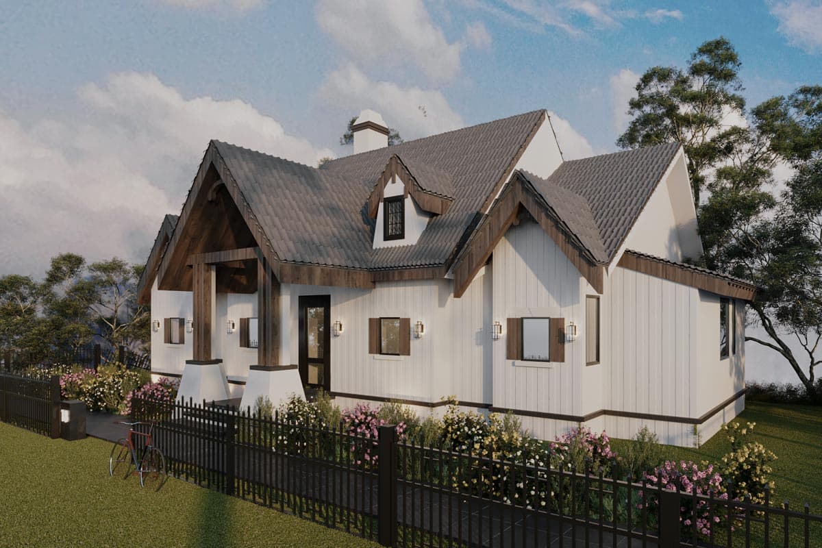 House plan exterior: Modern Farmhouse style, one-and-a-half stories, covered porch with exposed beams, prominent gables, and dark shutters.