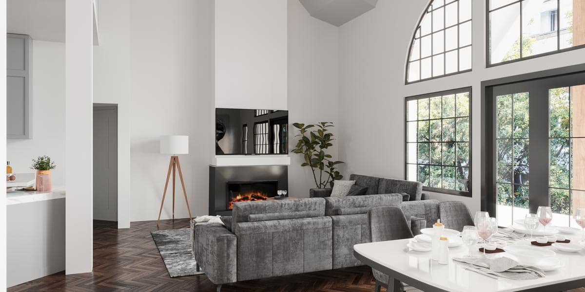 Interior rendering: Great room with fireplace, vaulted ceiling, large arched window, and dining area.