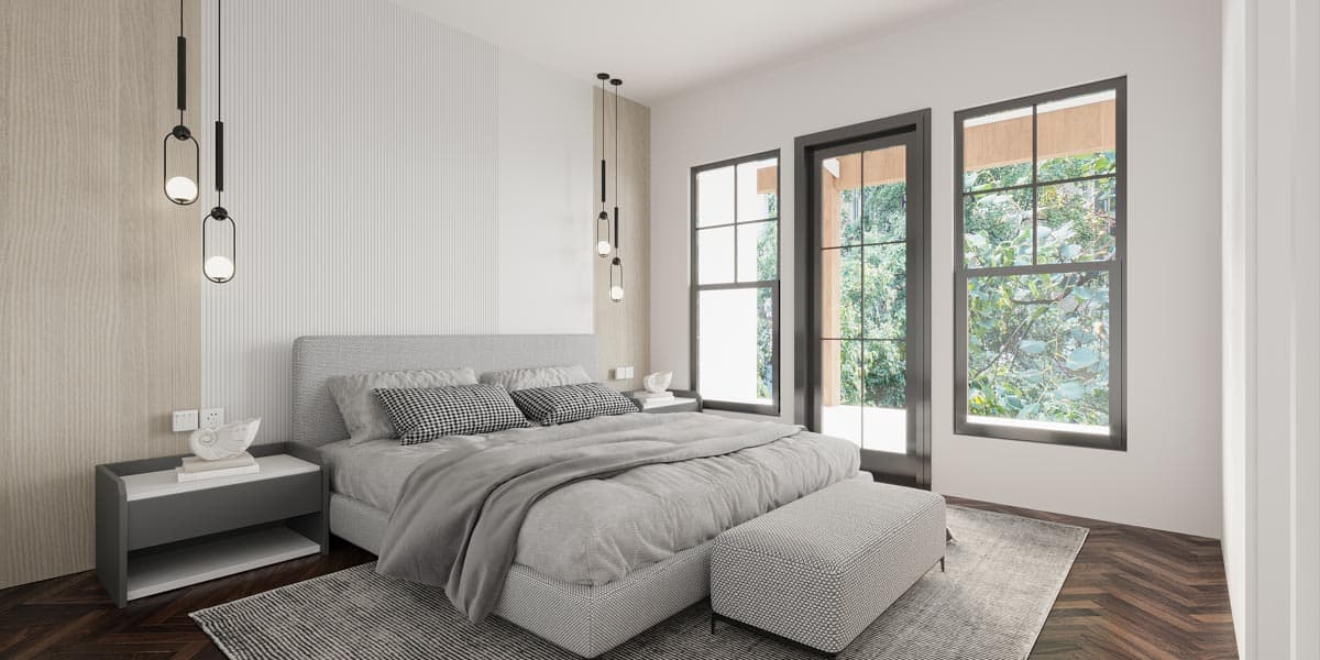 Bedroom rendering with king bed, patterned pillows, two windows, and pendant lighting.