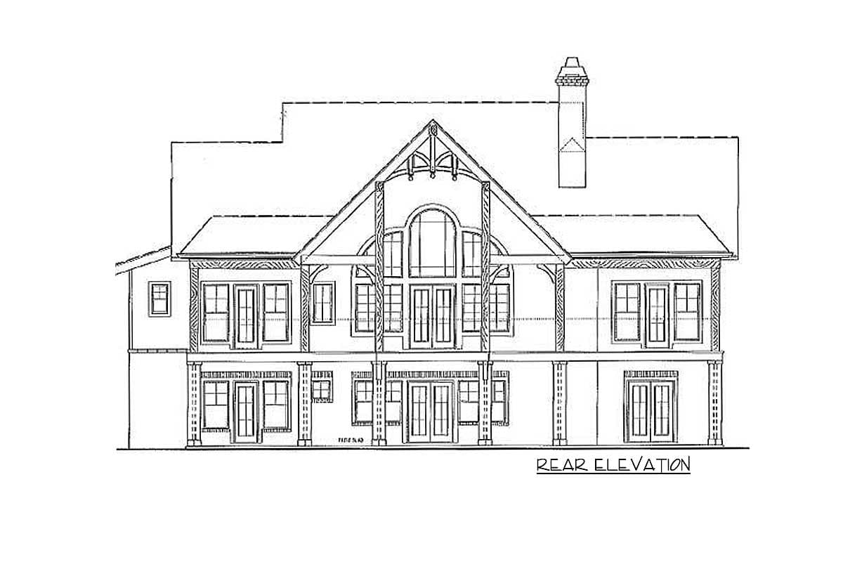 House plan rear elevation with multiple stories, gabled roof, large arched window, and covered porch.