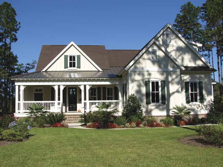 House plan exterior: Craftsman-style, 1.5-story home with wraparound porch, gables, dormers, and vertical siding.