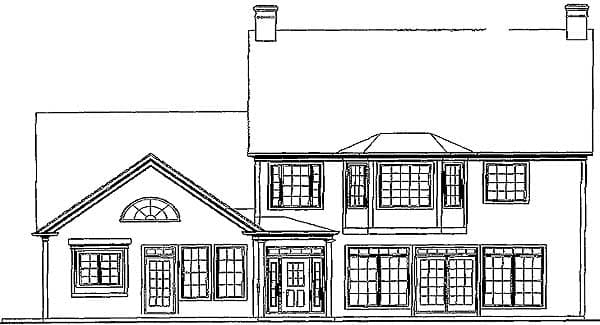 House plan exterior drawing with a prominent gable, arched dormer window, and multiple large windows.