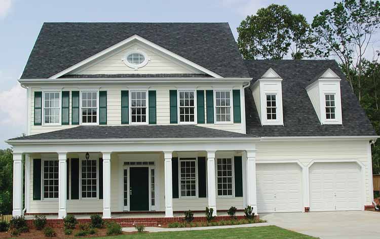 House plan exterior, two-story, white siding, full-width porch, gable roof with dormers, and a three-car garage.