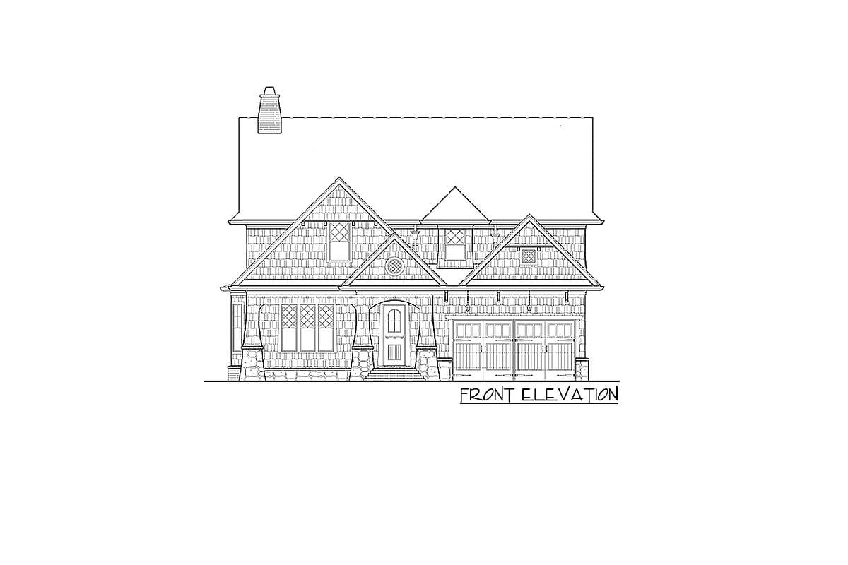 Front elevation drawing of a two-story house plan with multiple gables, stone accents, covered porch, and a three-car garage.