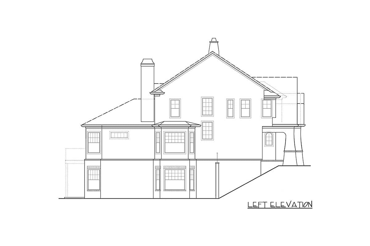 Left elevation drawing of a house plan showing multiple stories, bay windows, gables, and a chimney.