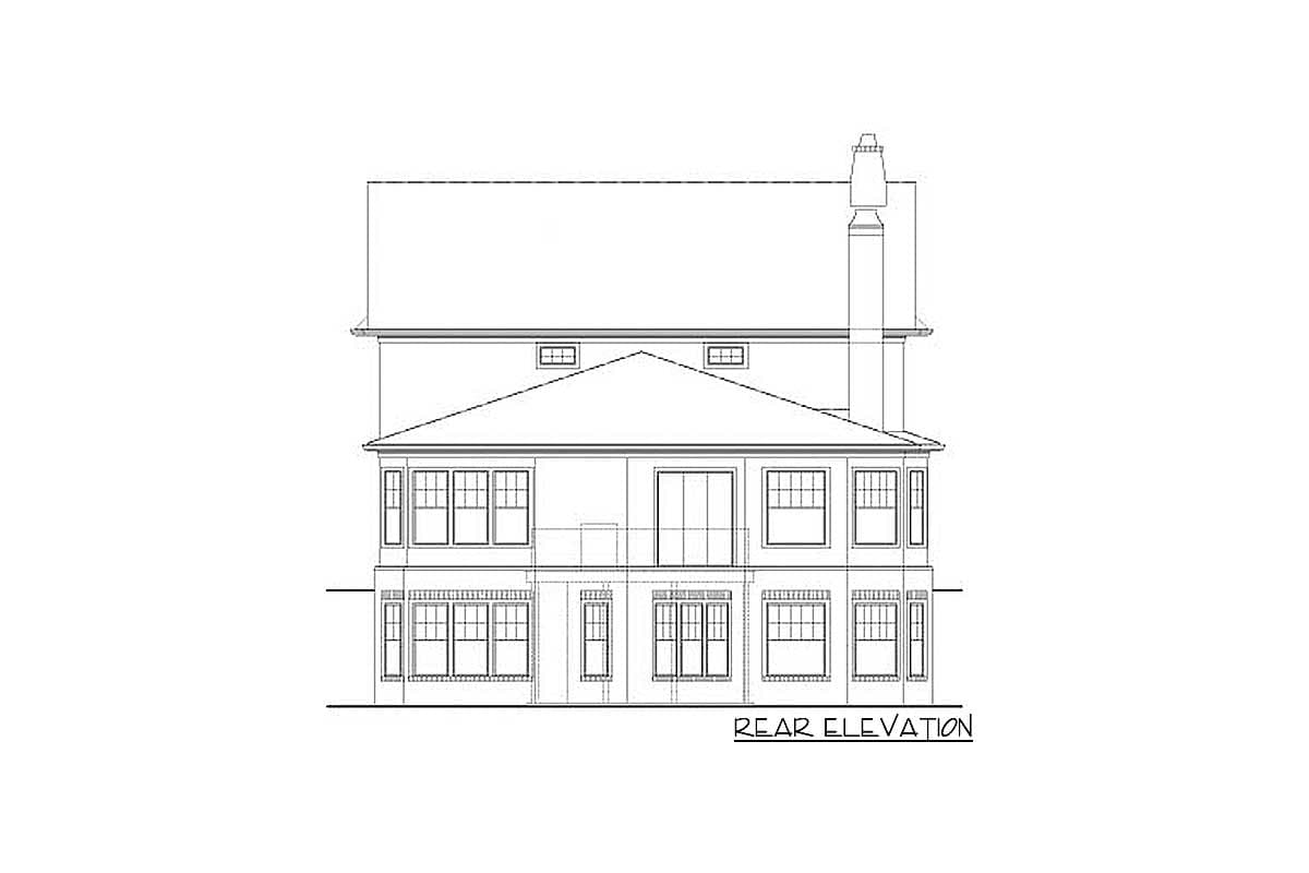 Rear elevation drawing of a two-story house plan with a prominent gable roof, large windows, and a chimney.