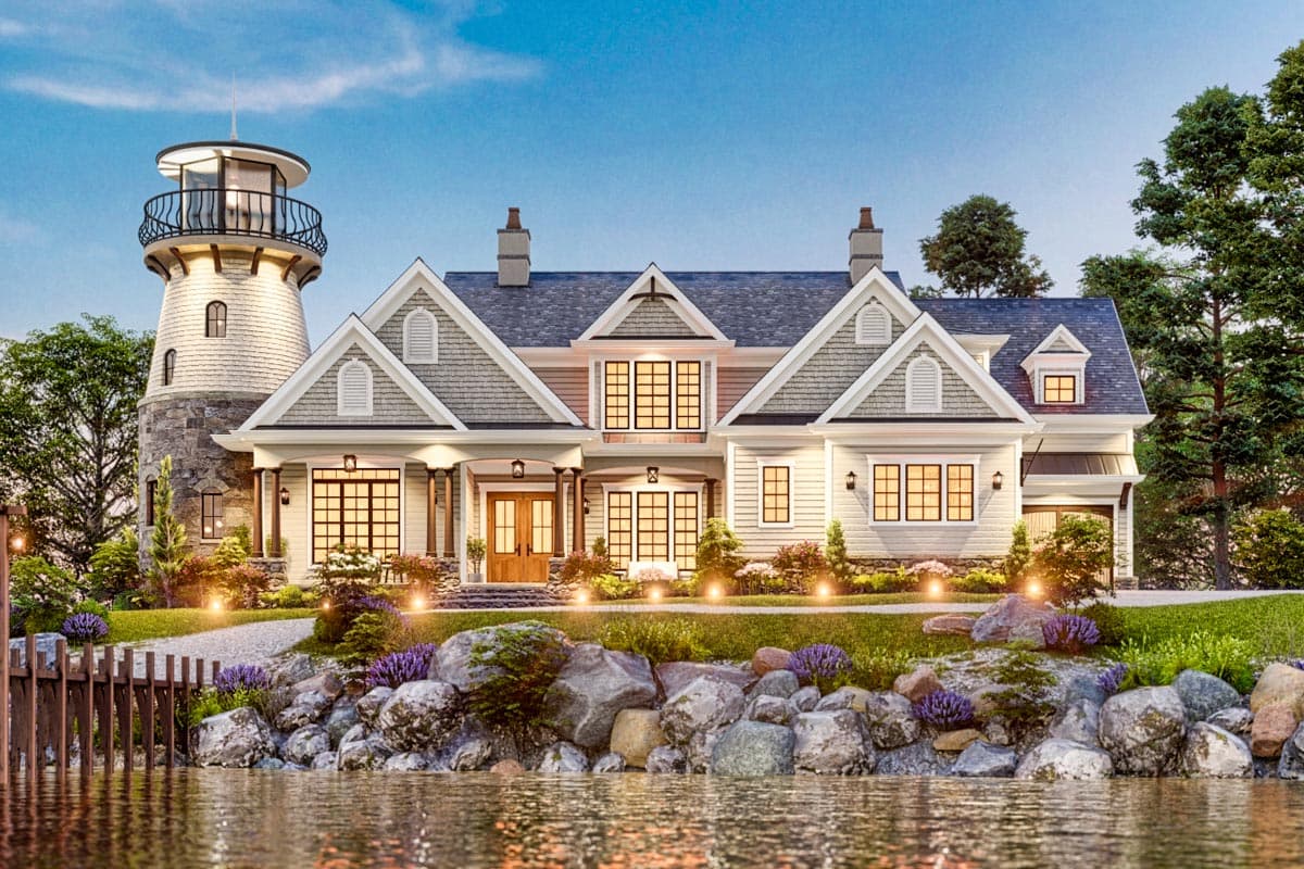 House plan exterior of a two-story Modern Farmhouse with a lighthouse tower, multiple gables, and a covered front entrance.
