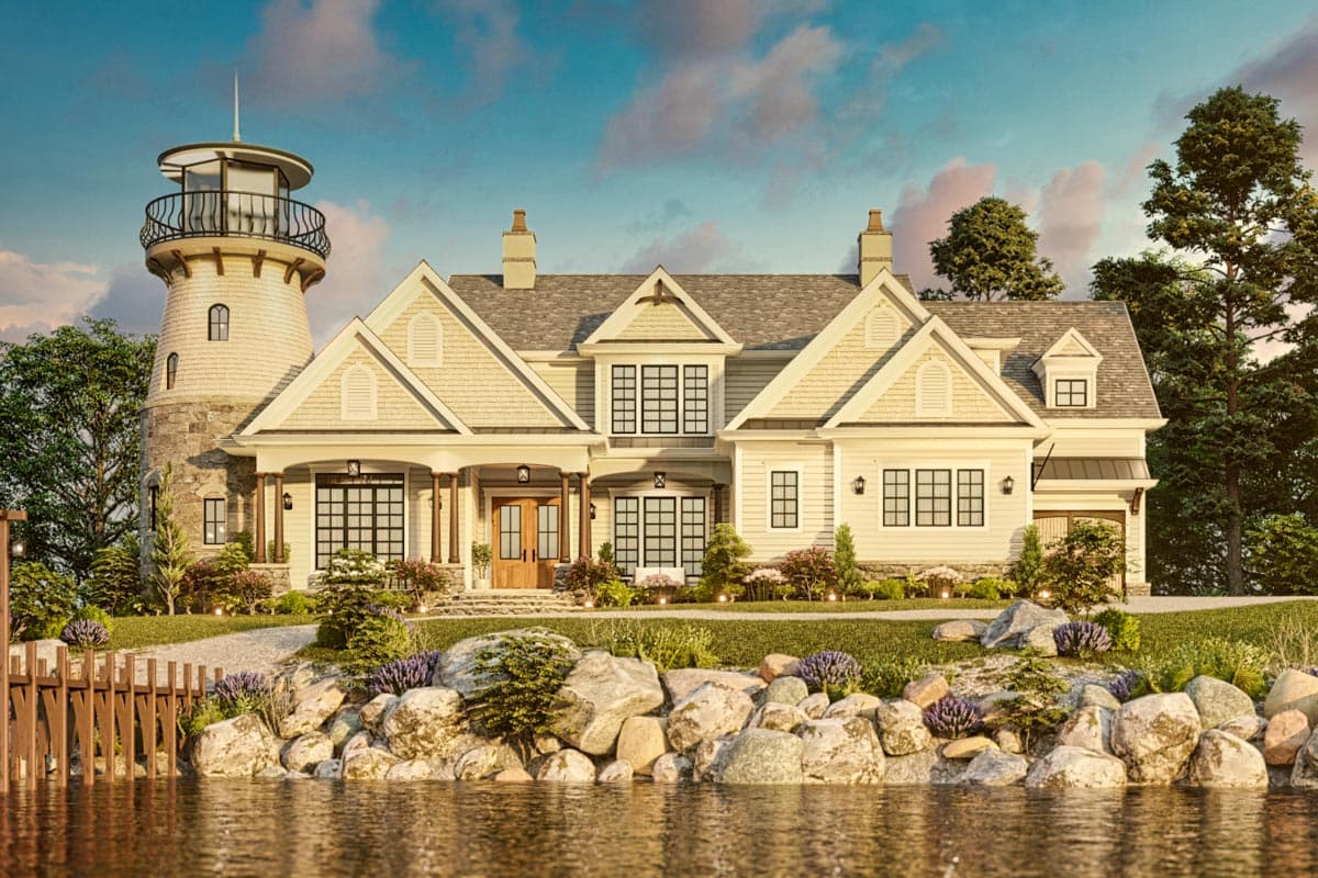 House plan exterior: two-story home with lighthouse tower, shingle siding, prominent gables, and covered entry.