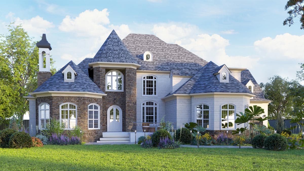 House plan exterior with stone facade, turrets, multiple gables, dormers, and arched windows.