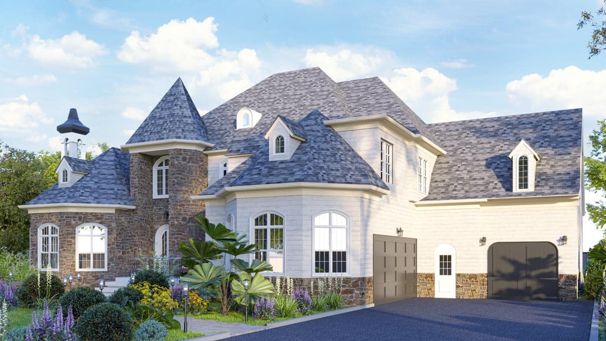 House plan exterior featuring a stone facade, turrets, dormers, and a side-entry garage.