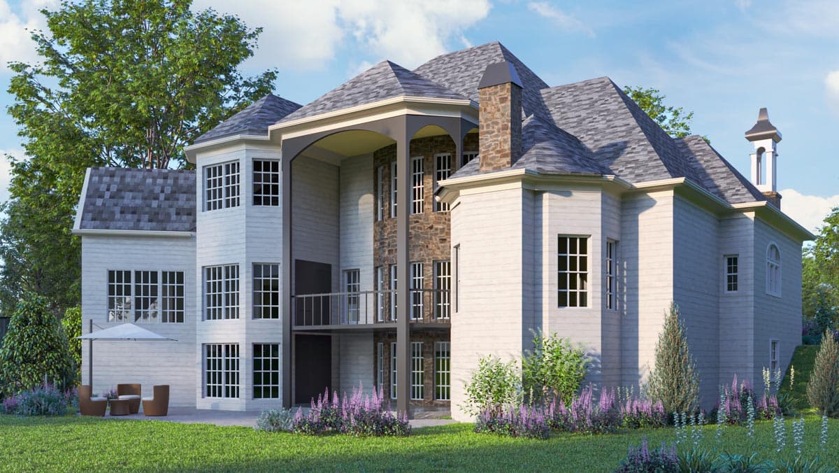 House plan exterior: multi-story, white siding, stone accents, multi-level rooflines, and covered balcony.