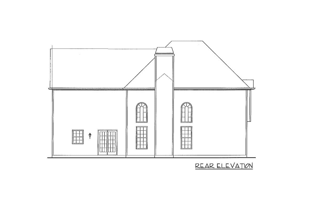 Rear elevation drawing of a house plan showing French doors, a smaller window, and three sets of stacked windows with arched tops.