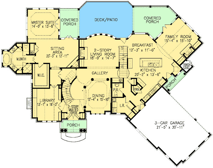 Plan 15733GE: 4-Bed Luxury House Plan with Angled Garage and Family Room - Floor Plan - Main Level - European, French Country, Traditional