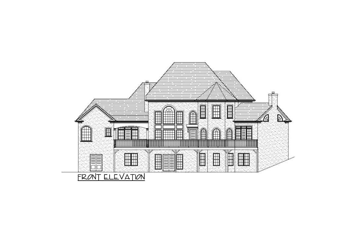 Front elevation drawing of a large, multi-story house with a prominent roofline, numerous windows, and a second-story balcony.
