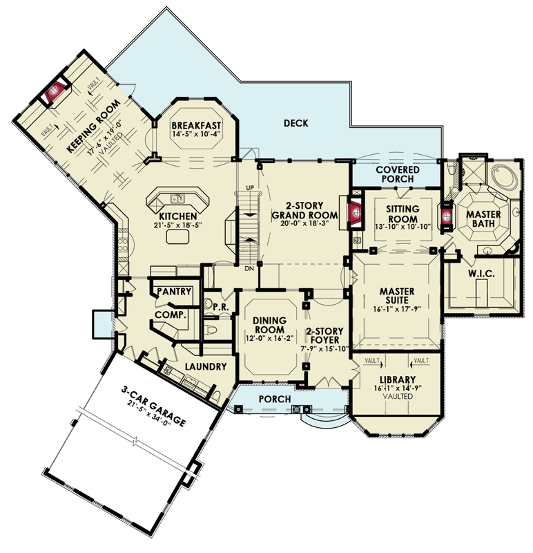 Plan 15734GE: Two Story 4500 Square Foot Manor House Plan with 2-Story Great Room - Floor Plan - Main Level - European, Traditional