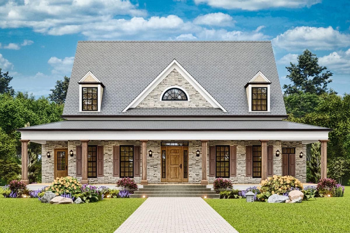 House plan exterior with wide porch, stone accents, two dormers, and a central gable with arched window.