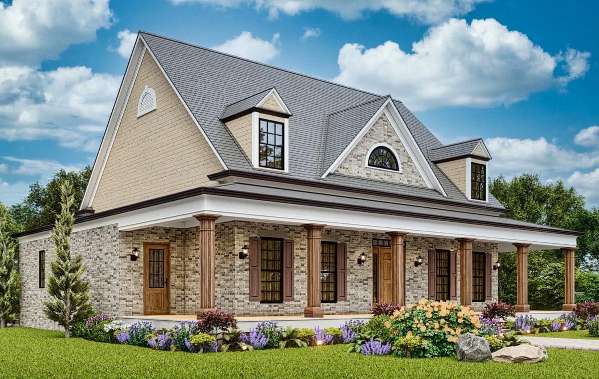 House plan exterior: Two-story Modern Farmhouse with wraparound porch, gables, dormers, stone accents, and timber columns.