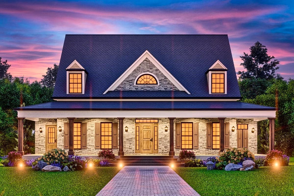 House plan exterior: Two-story Modern Farmhouse with covered porch, dormers, gabled roof, and brick facade.