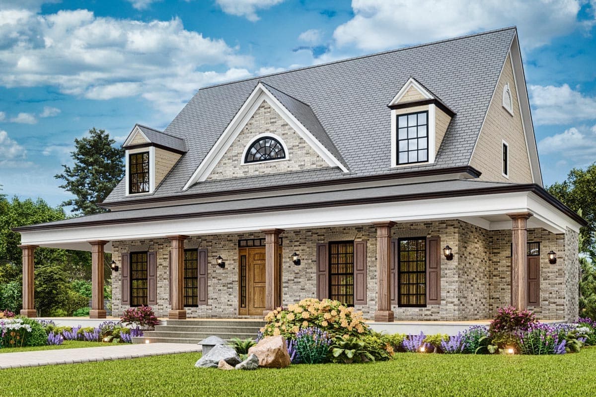 House plan exterior: two-story home with full-width porch, dormers, and arched attic window.