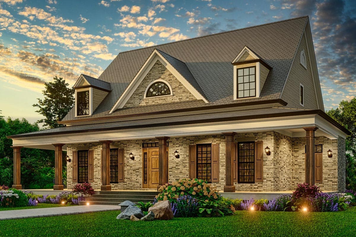 House plan exterior with wrap-around porch, stone accents, dormers, and arched window.