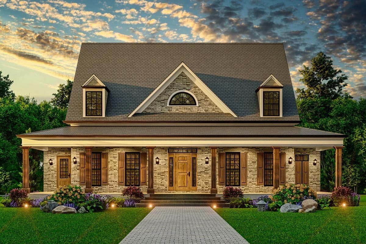 House plan exterior of a two-story home with a wraparound porch, brick facade, dormer windows, and a prominent gable with arched window.
