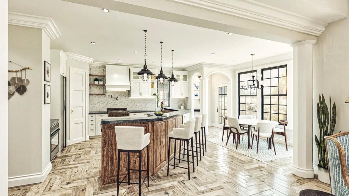 Kitchen and dining area with island, bar stools, pendant lights, and large windows.