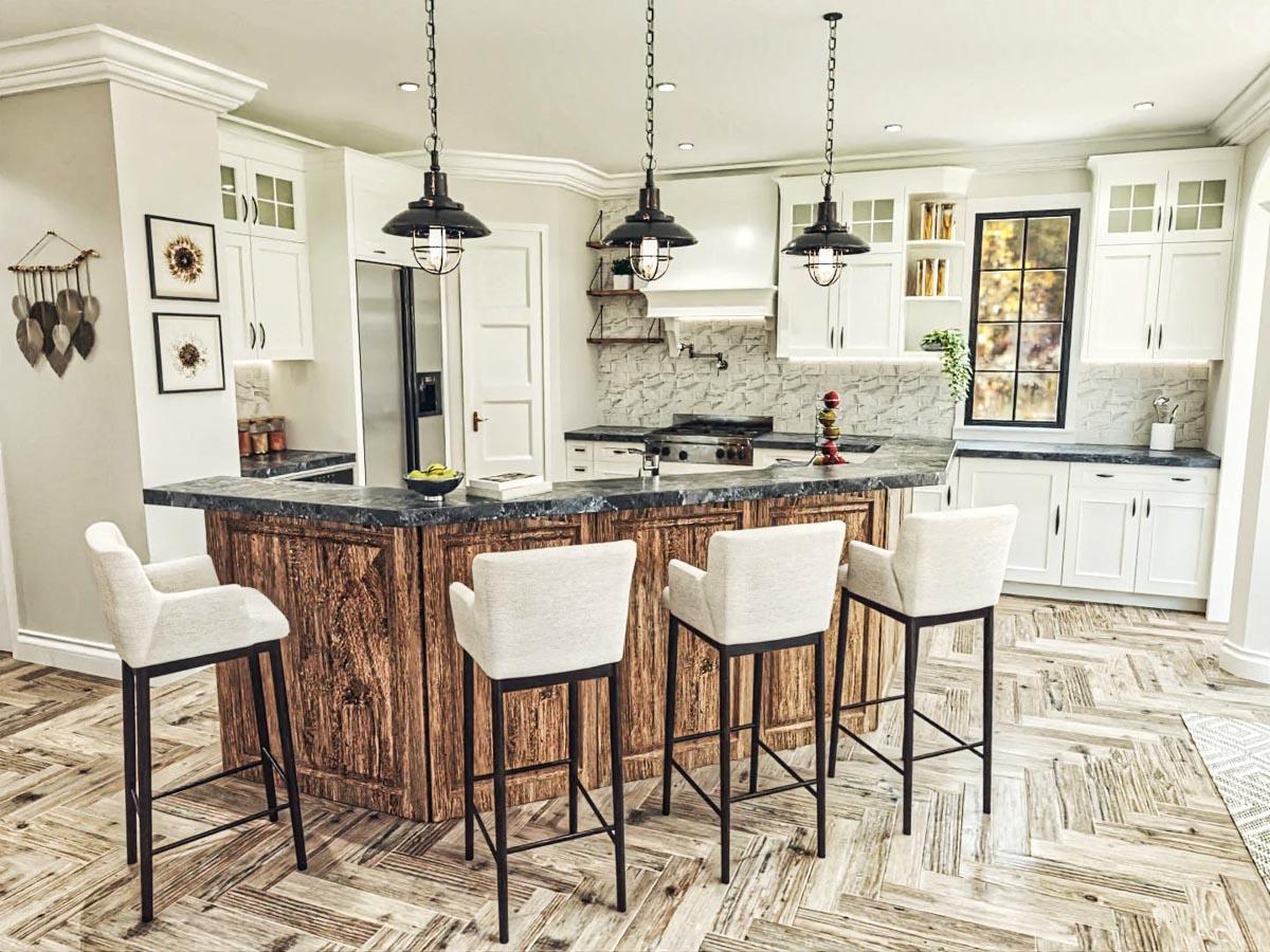 Kitchen with large island featuring stone countertop, pendant lighting, white cabinetry, and a window with grid panes.