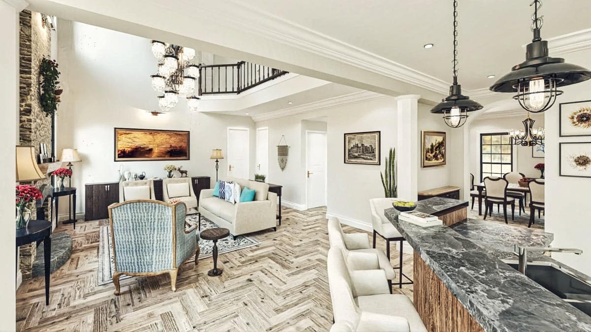 Interior rendering of a great room with a stone fireplace, open staircase, and dining area with pendant lights.