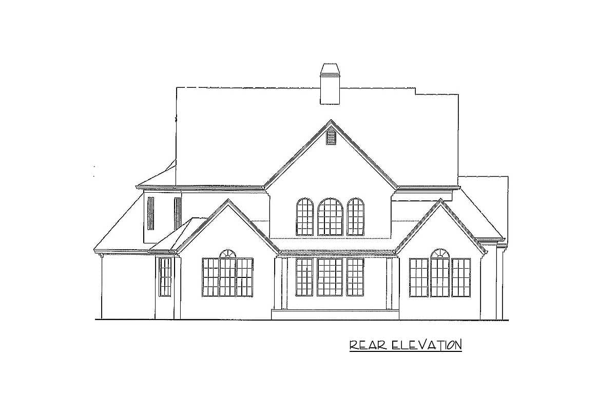 Rear elevation house plan with multiple gables, arched and grided windows, and a prominent central dormer.