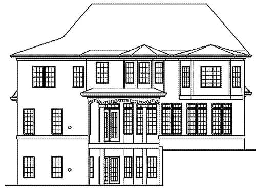 House plan exterior drawing with a complex roofline, multiple gables, and a sunroom.