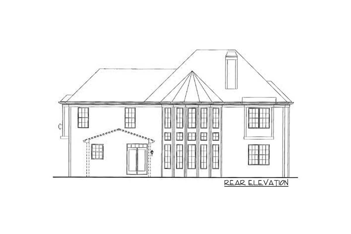 Rear elevation drawing of a two-story house with a gabled roof, multiple windows, and a covered entry with double doors.