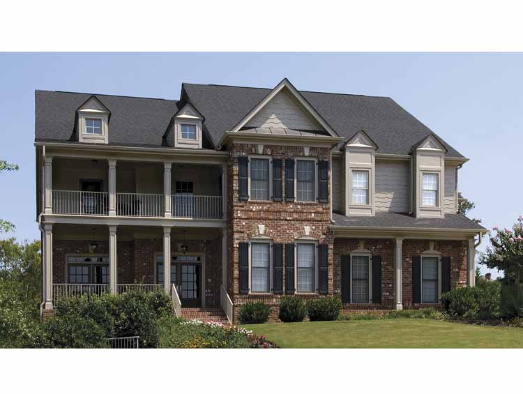 Two-story house plan exterior with dual front porches, brick facade, multiple gables, and dormer windows.