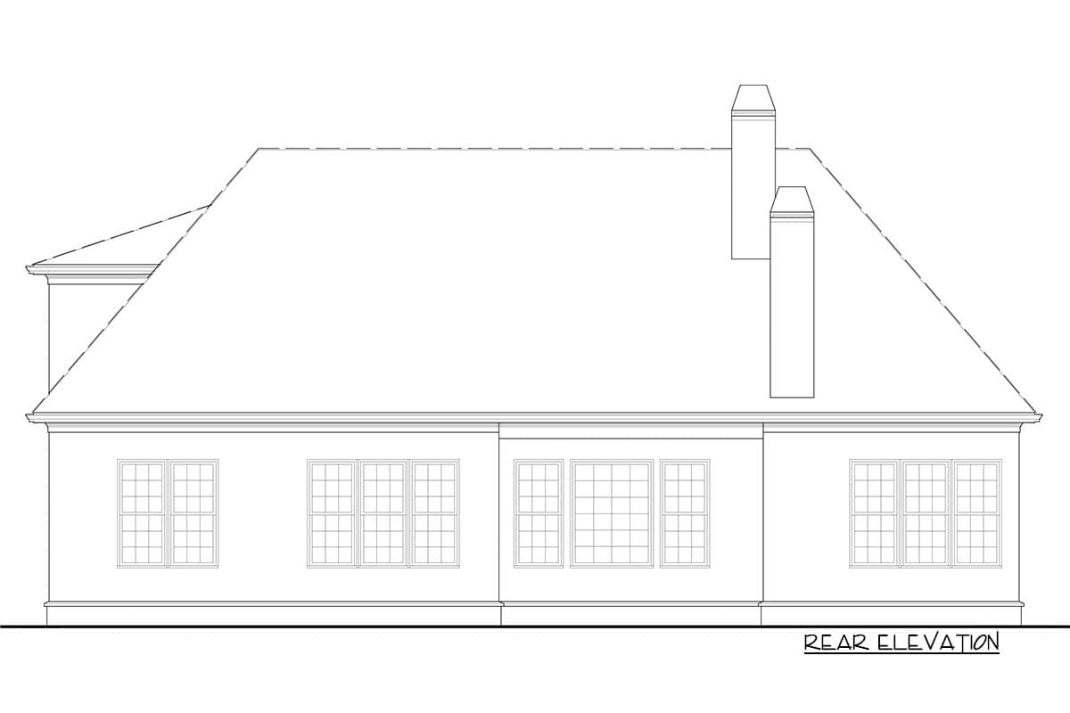 Rear elevation drawing of a house plan, showing a hip roof, multiple windows, and two chimneys.