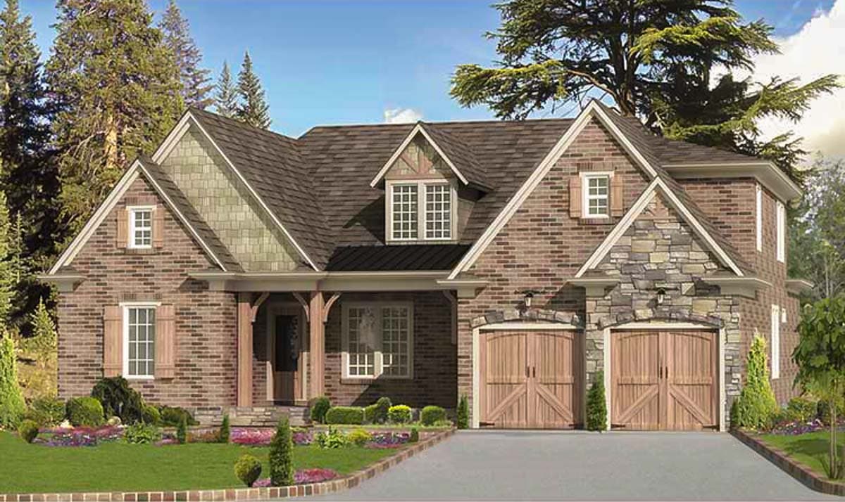House plan exterior: Brick home with stone accents, prominent gables, dormer window, and double garage doors.
