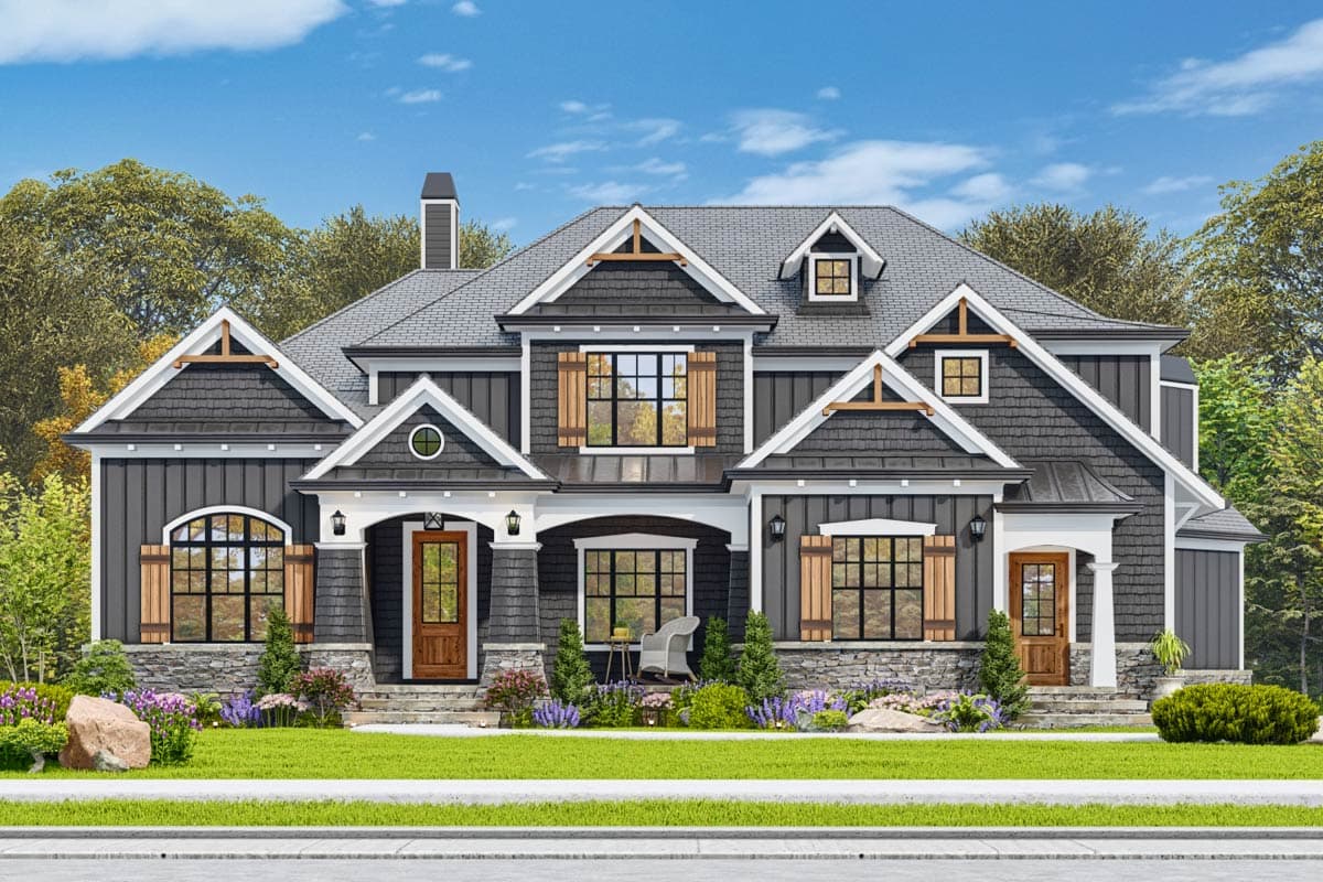 House plan exterior: two-story Modern Farmhouse with gables, dormers, stone base, and prominent rooflines.