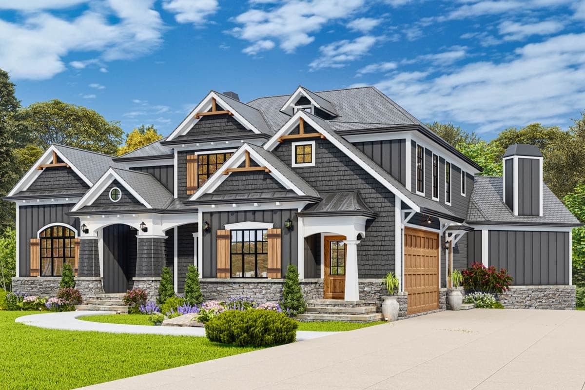 House plan exterior, two stories, dark grey siding, stone foundation, prominent gables, covered entryway, and attached garage.