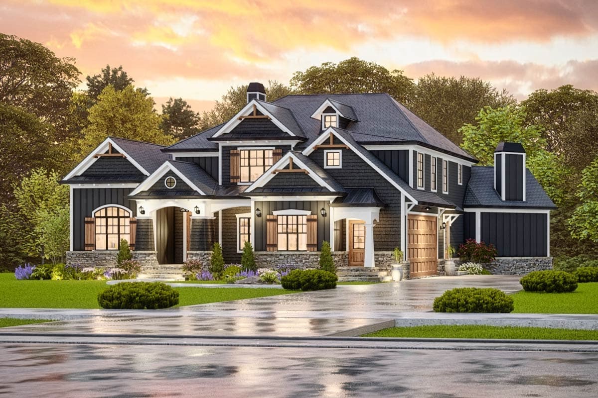 House plan exterior: Modern Farmhouse style, two stories, prominent gables, covered entry porch, stone base, and attached garage.