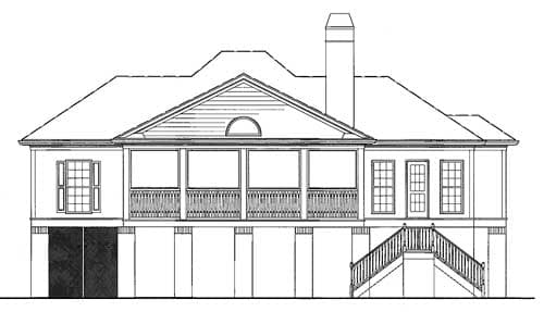 House plan exterior elevation showing a two-story home with a covered porch, gable, dormer, and a two-car garage.