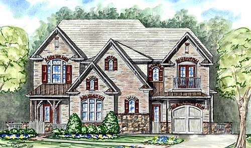 House plan exterior: Two-story brick home with gables, dormers, arched windows, front porch, and attached garage with arched doors.
