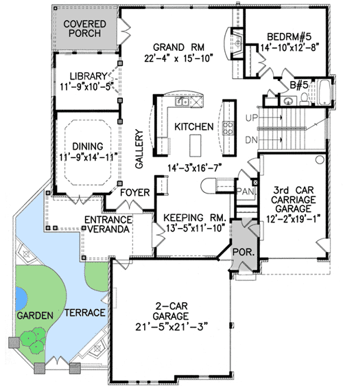 Plan 15796GE: 5 Bedrooms and Side Courtyard - Floor Plan - Main Level - European, Traditional