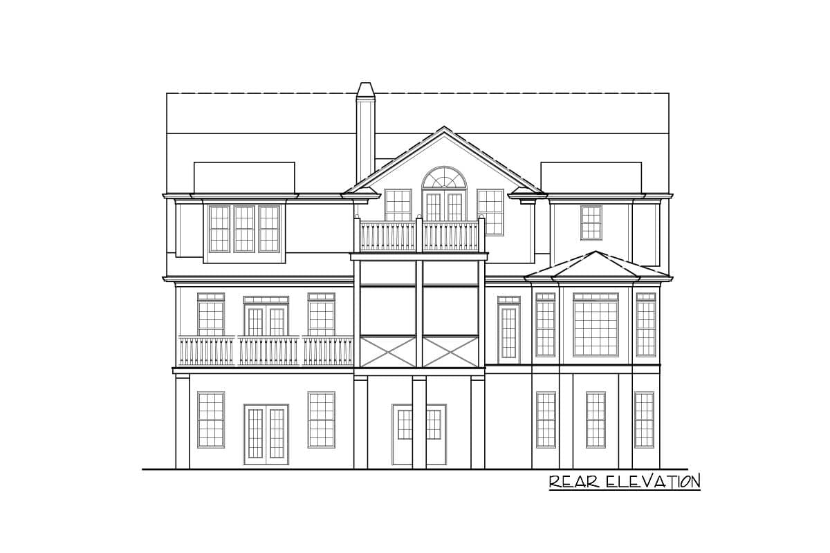 Rear elevation drawing of a multi-story house plan, featuring multiple balconies, bay windows, and a prominent dormer.