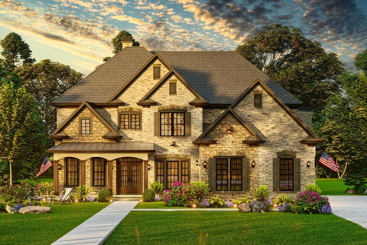 Two-story house plan exterior with brick and stone facade, arched entry porch, and multiple gables.