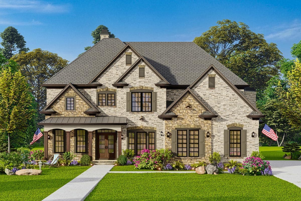 House plan exterior of a two-story home with stone accents, a covered porch, multiple gables, and dormer windows.