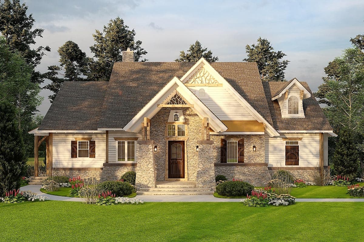 House plan exterior. Craftsman style, one story. Features include stone facade, gabled roof, dormer, and front porch.